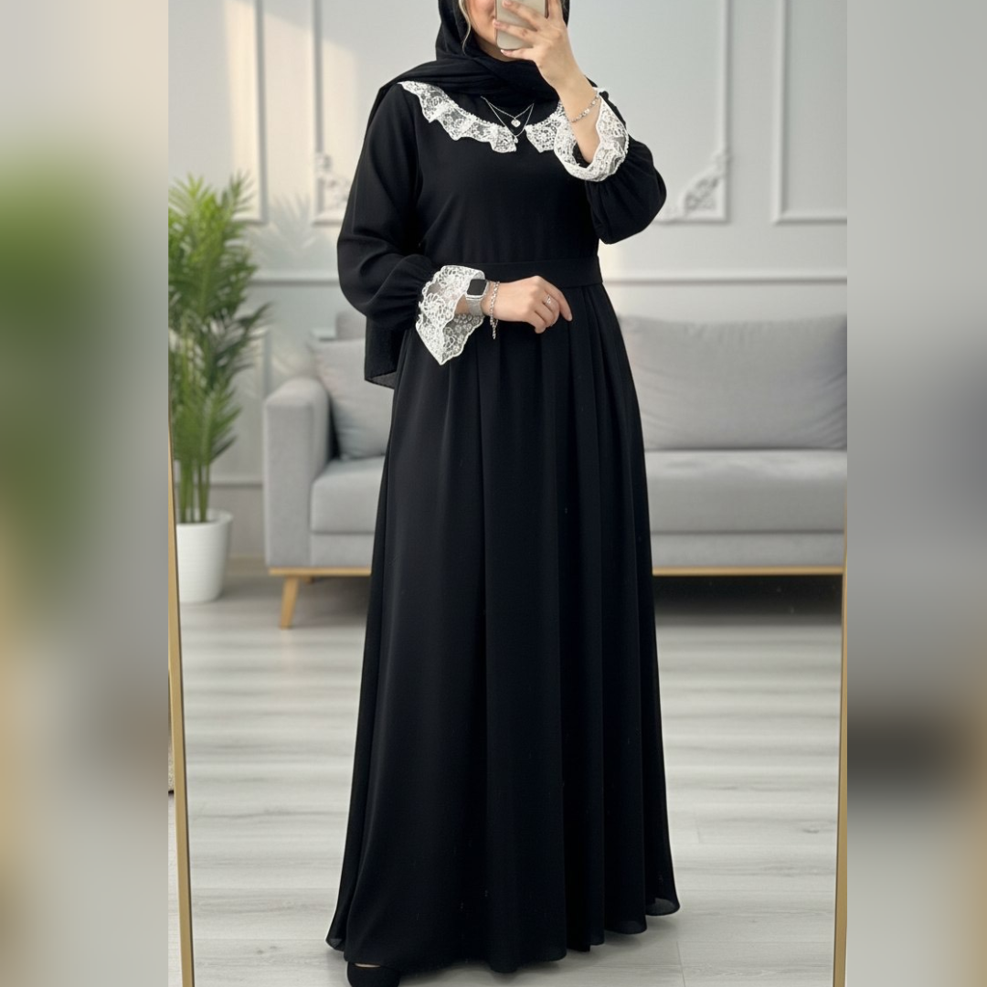 پیراهن مانتویی مشکی دخترانه و زنانه. فری سایز 38 تا 48. یقه گیپوری