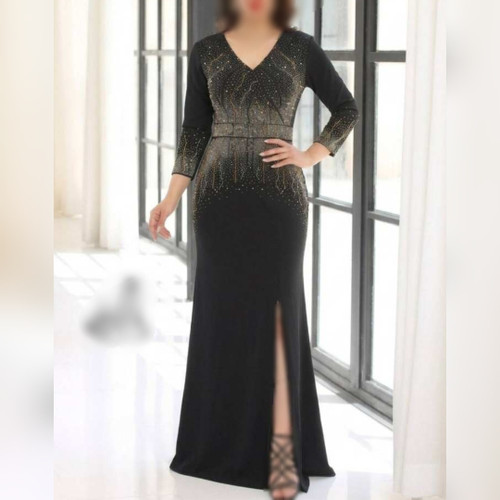 ماکسی مجلسی زنانه پوشیده و آستیندار. 42 تا 54. چاکدار. دیزاین شده با نگین و مروارید