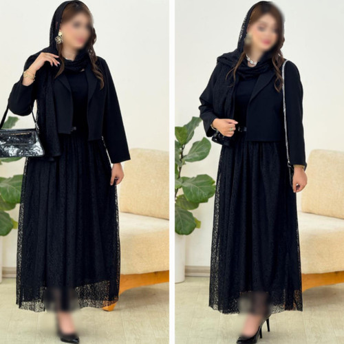 ست سه تیکه کت ، دامن و شال مشکی. فری سایز 38 تا 46. مناسب محرم و صفر و اربعین