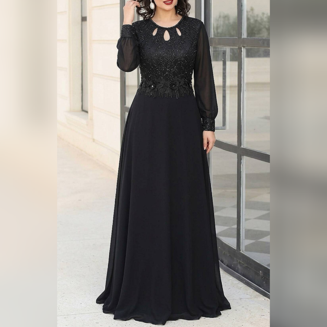 پیراهن ماکسی مجلسی بلند و کلوش پوشیده آستین دار و کاپدار. سایز 42 تا 60. بیگ سایز. جنس حریر