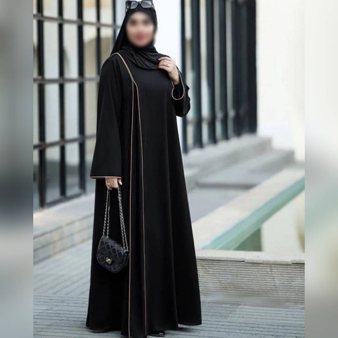مانتو عبایی  بلند زنانه شیک و  عبا مجلسی جنس الیزه فری سایز 38 تا 52 نوار نقره ای و نوار طلایی