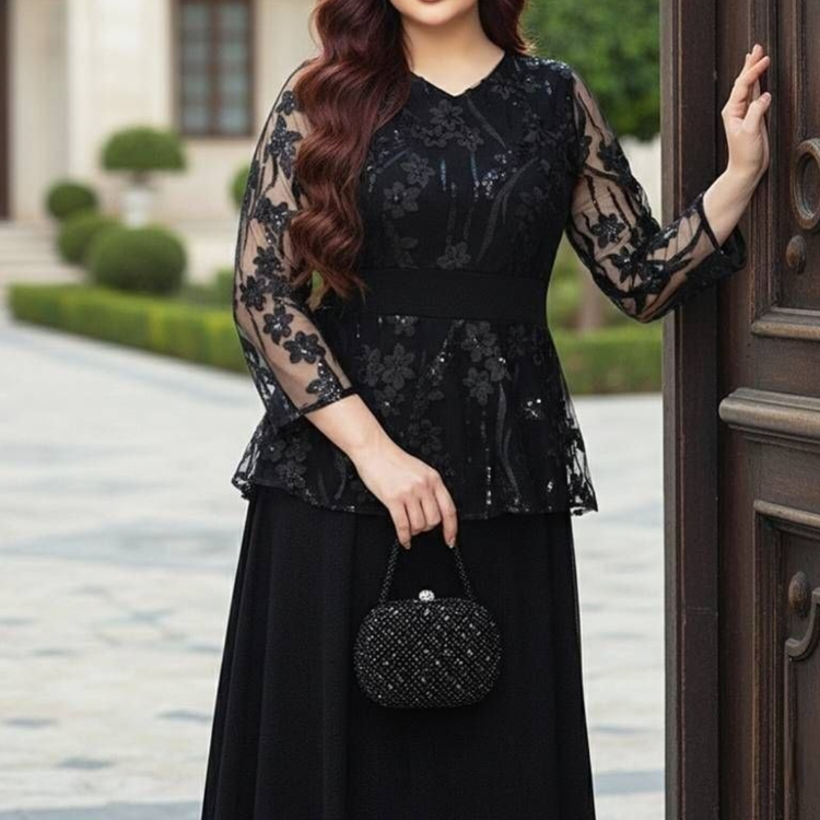 پیراهن ماکسی مجلسی زنانه سایزبزرگ ( بیگسایز سایز 38 تا 60) کرپ لمه و گیپور پولک دوزی
