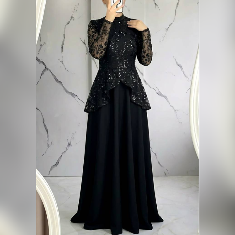 پیراهن ماکسی مجلسی جدید پوشیده و آستین دار سایز 40 تا 52 جنس مازراتی و پولک