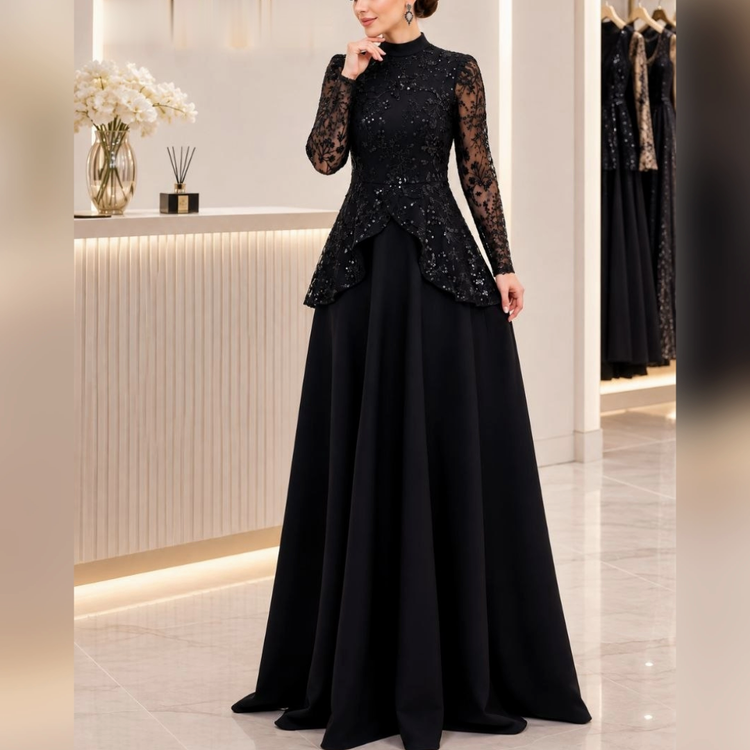پیراهن ماکسی مجلسی جدید پوشیده و آستین دار سایز 40 تا 52 جنس مازراتی و پولک