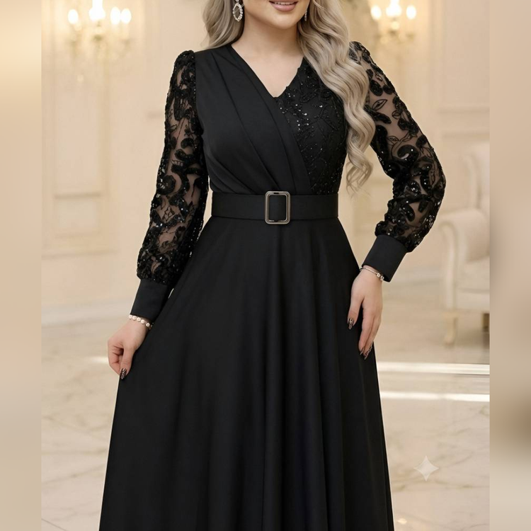 پیراهن ماکسی مجلسی جدید شیک و پوشیده کلوش سایز 40 تا 50 جنس غواصی و خرجکار پولکی ترک
