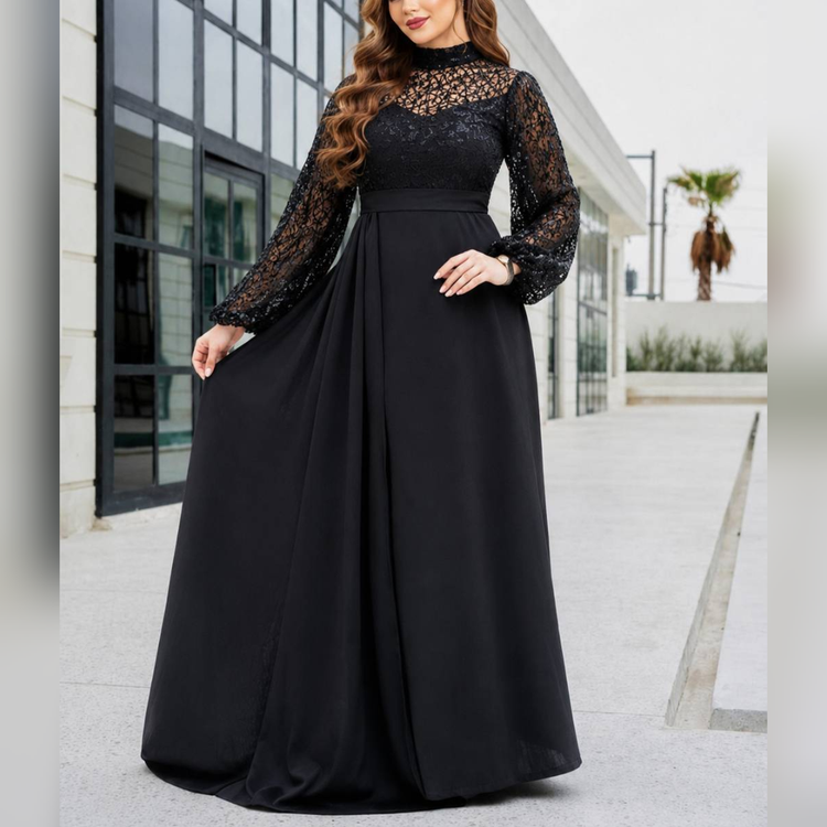 پیراهن ماکسی مجلسی بلند و کلوش پوشیده آستین دار سایز 40 تا 52 مشکی و زرشکی 🌹