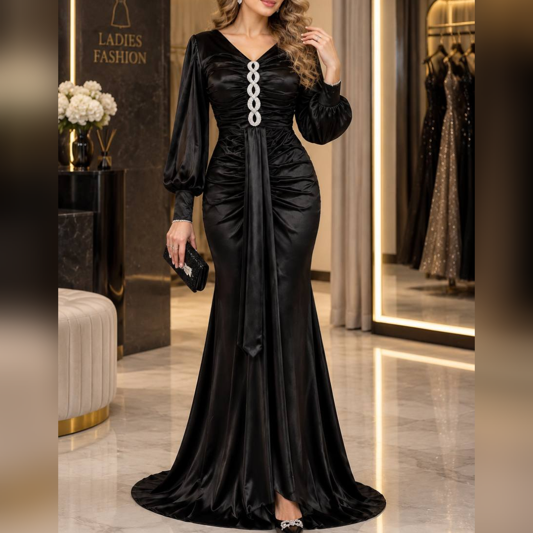 پیراهن ماکسی مجلسی بلند و کلوش پوشیده آستین دار سایز 38 تا 50 جنس مخمل