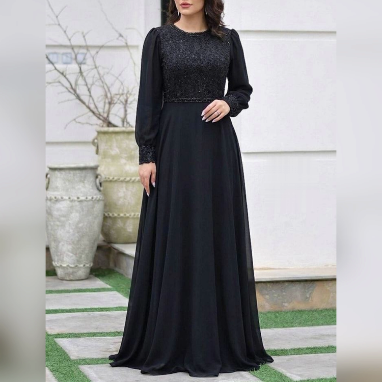 پیراهن مجلسی حریر پوشیده و آستیندار سایز 44 تا 54 دیزاین شده با سنگ کریستال