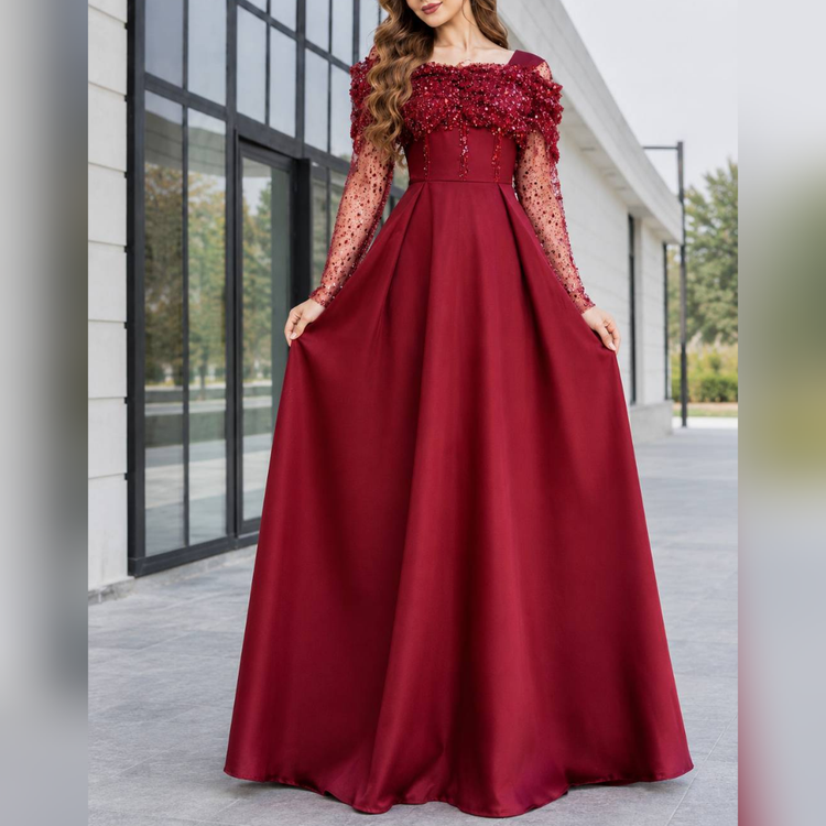 پیراهن ماکسی دکلته مجلسی بلند پوشیده سایز ۴۰ تا ۴۸ جنس ساتن و جسمیکو